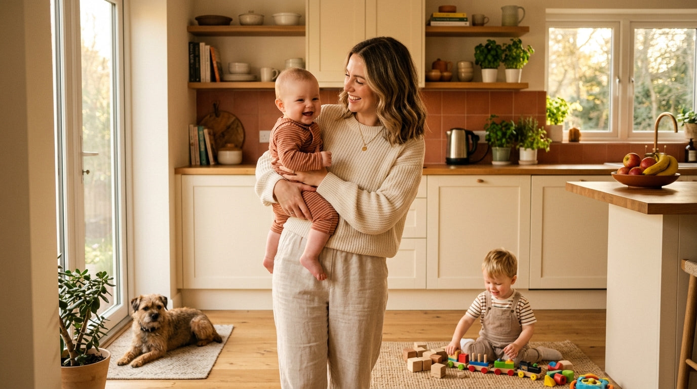 Happy family — mother with baby, toddler, and dog in cozy kitchen
