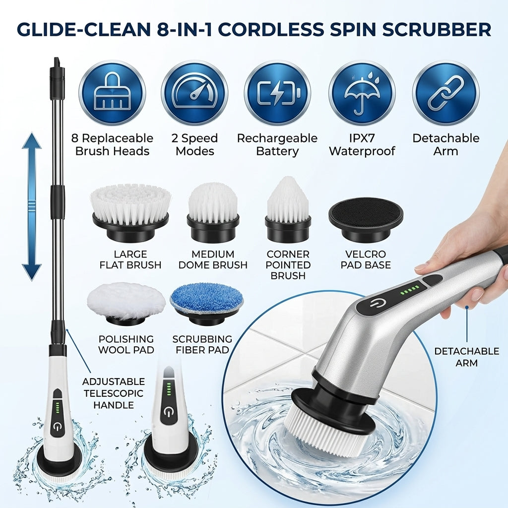 Cordless Electric Spin Scrubber with 8 Brush Heads