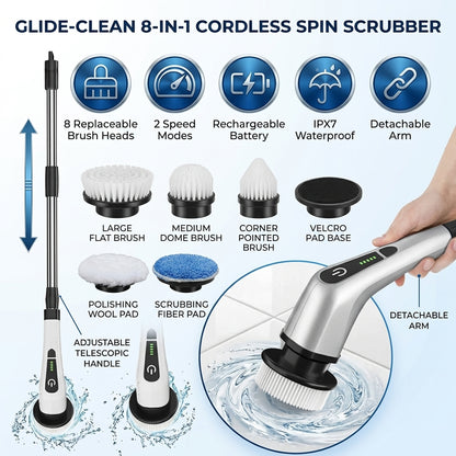 Cordless Electric Spin Scrubber with 8 Brush Heads